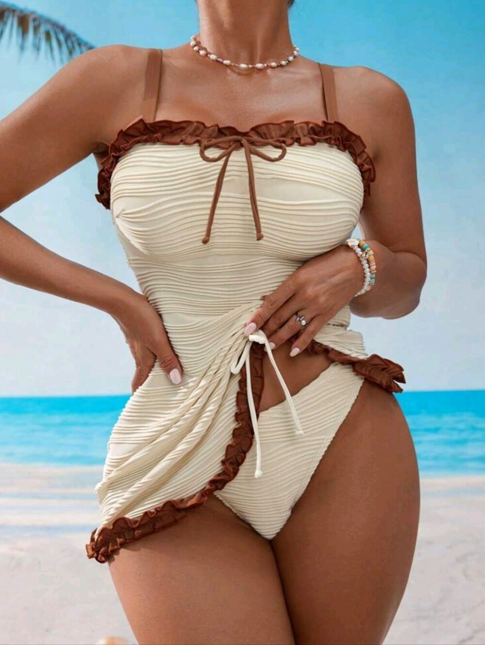 Swim Mod Cream and Brown Ruffle-Trim Two-Piece Swimsuit